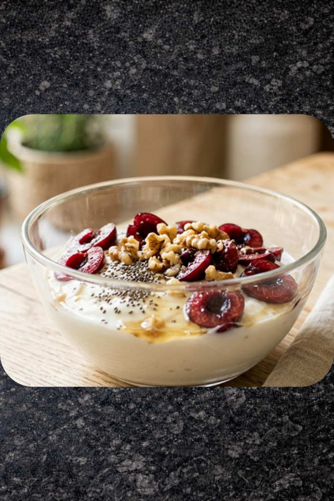 healthy yogurt cherry breakfast bowl with chia seeds and walnuts